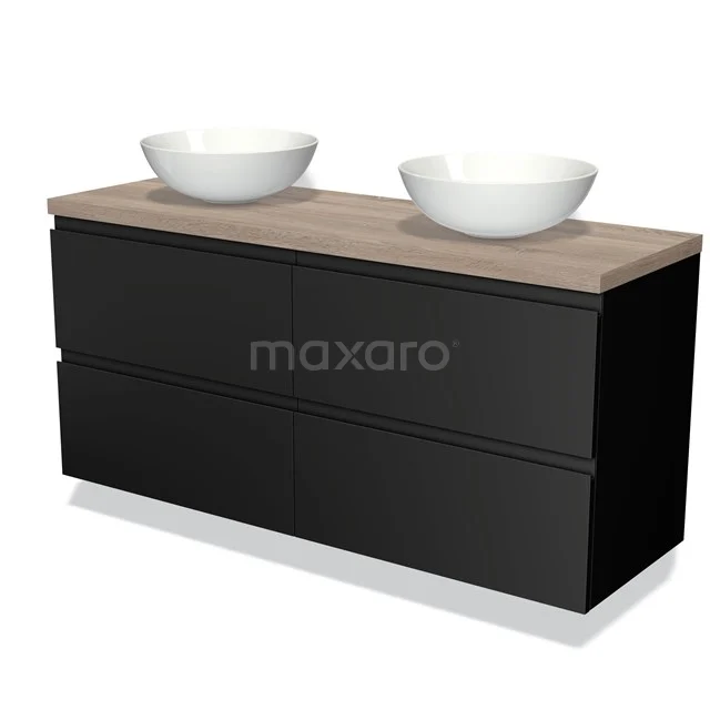 Zwarte badmeubelset met houtlook wastafelblad en twee ronde keramische waskommen, perfect voor een moderne badkamer.