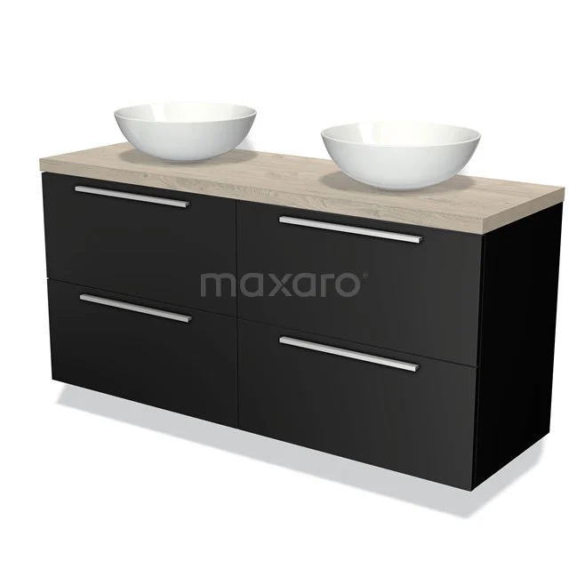 Zwarte dubbele wastafelmeubel met houtnerfblad, moderne look en twee witte opbouwkommen, perfect voor een stijlvolle badkamer.