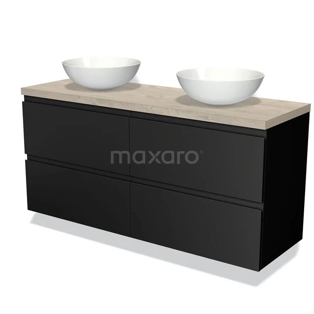 Zwart badkamermeubel met houtlook blad, dubbele waskommen en strak design; ideaal voor moderne badkamers.