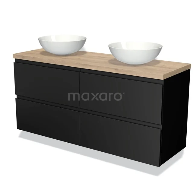 Zwart-wit badkamermeubel met twee opzetwaskommen, houtlook blad en strak modern design.