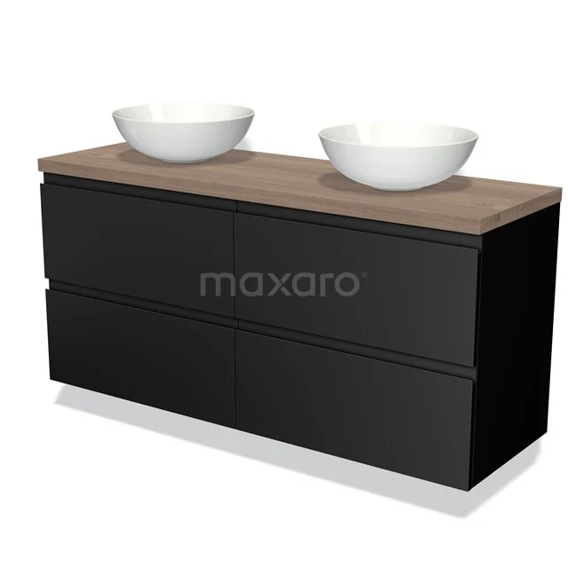 Black bathroom furniture set with wood-look worktop, double white countertop wash basins, sleek design, perfect for modern bathrooms.