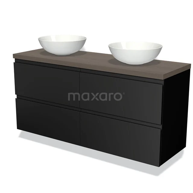 Modulo Plato Vanity units for countertop basin | 140 cm Matte black Handle-less front Dark brown oak worktop 4 drawers BMK18-00559