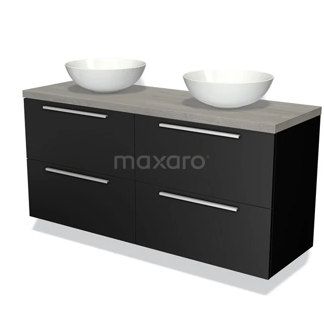 Zwarte badkamermeubelset met betonlook blad, dubbele waskommen en chroomgrepen, ideaal voor moderne badkamers.