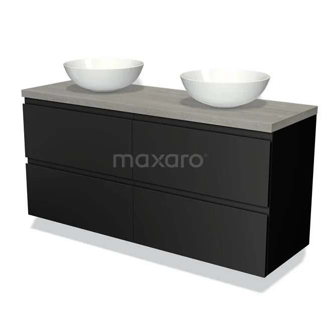 Zwarte badkamermeubelset met betonlook blad, dubbele komvormige wastafels en strakke lades voor moderne badkamers.