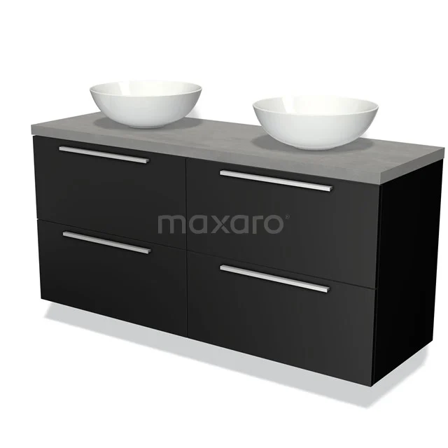 Zwarte badkamermeubelset met dubbel wastafelblad, keramische kommen en grijze betonnen look, modern design.
