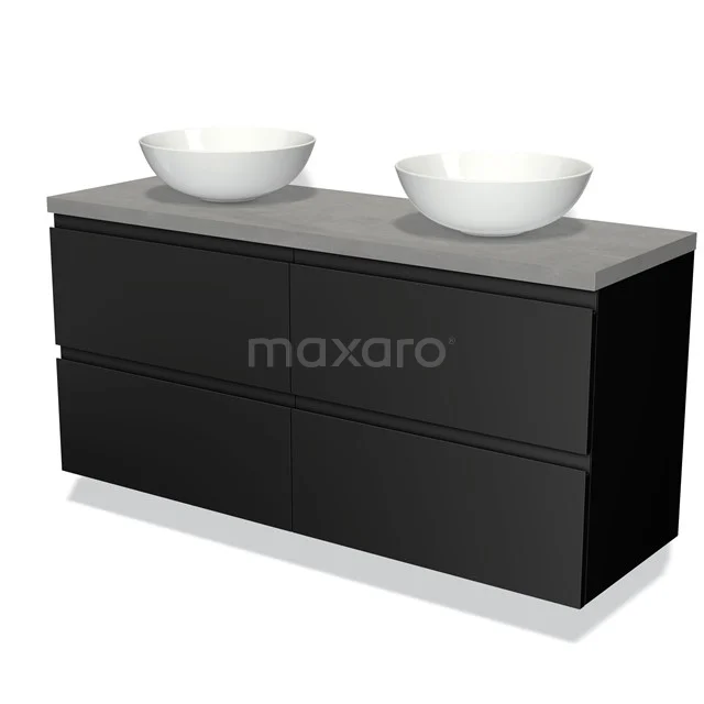 Zwart badkamermeubel met twee witte waskommen, betonlook blad, moderne afwerking, ideaal voor een stijlvolle badkamer.