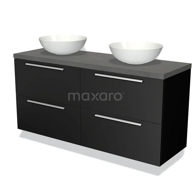 Zwarte dubbele badkamermeubel met ladekast, grijs blad en twee witte waskommen, modern design voor ruime badkamers.