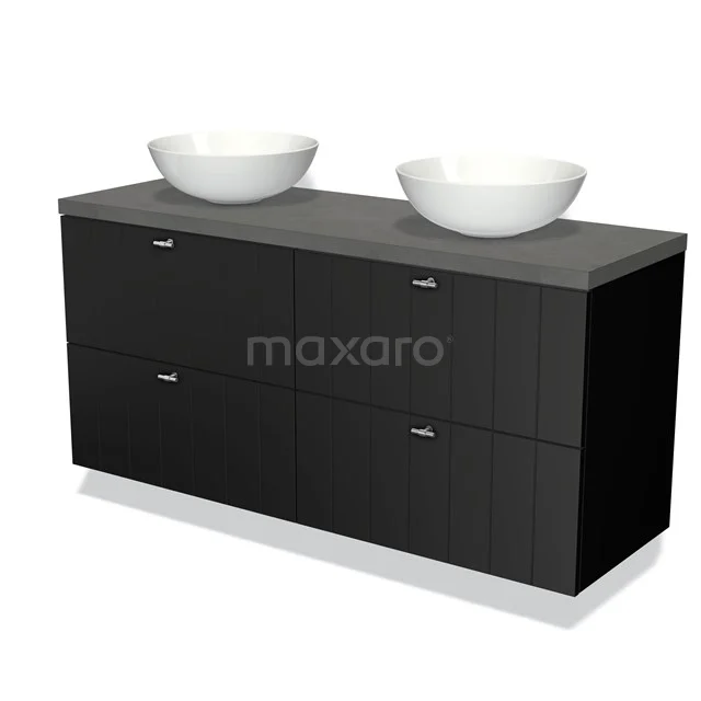 Modulo Plato Vanity units for countertop basin | 140 cm Matte black Slat front Dark grey concrete worktop 4 drawers BMK18-00567 Black bathroom furniture set with double basin bowls, matt black design, including four drawers, ideal for modern bathrooms.