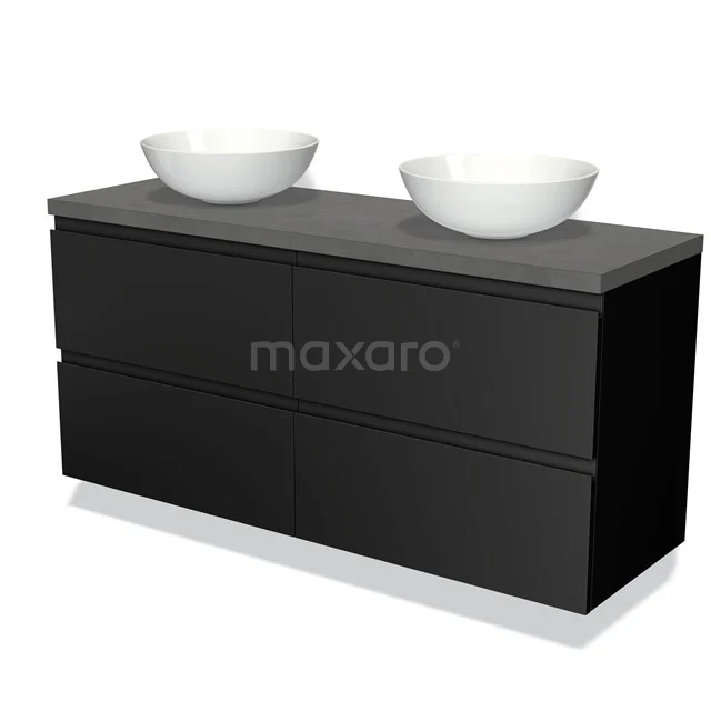 Zwarte badkamermeubel met grijs blad, dubbele witte waskommen, modern design, perfect voor een stijlvolle badkamerinrichting.
