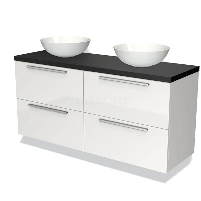 Weißes Badezimmermöbel mit schwarzer Platte, doppelten ovalen Waschbecken und geräumigen Schubladen, moderner Stil für funktionale Badezimmergestaltung.