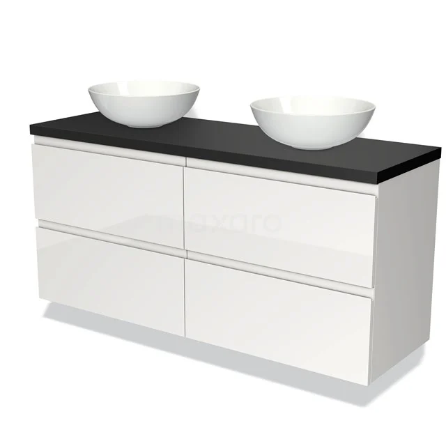 Wit badkamermeubel met dubbele wastafelkommen, zwarte bovenblad en vier lades, modern design voor stijlvol opbergen.