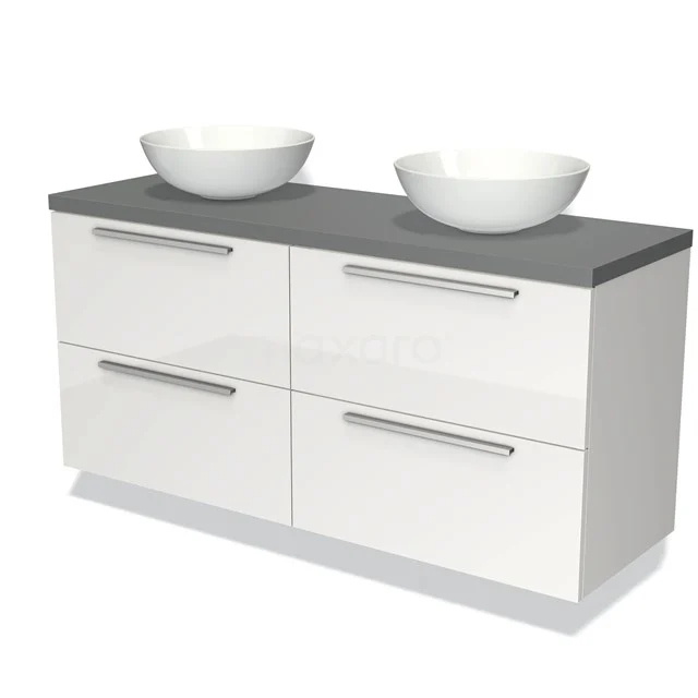 Wit badkamermeubel met grijze bovenkant, dubbele waskom, vier lades en modern design. Perfect voor een stijlvolle badkamer.