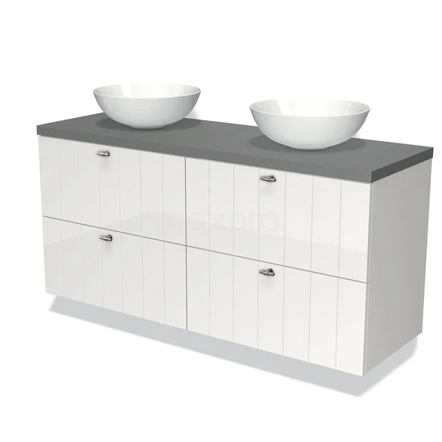 Weißes Doppel-Badmöbel mit grauer Stein-Waschtischplatte, zwei runden Aufsatzwaschbecken und vier Schubladen, modernes Design.