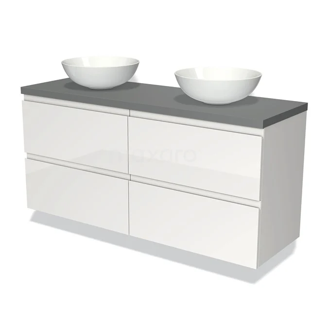 Moderne weiße Badmöbelset mit grauer Platte, doppelten Aufsatzwaschbecken, klarer Schubladeneinteilung; ideal für stilvolle Bäder.