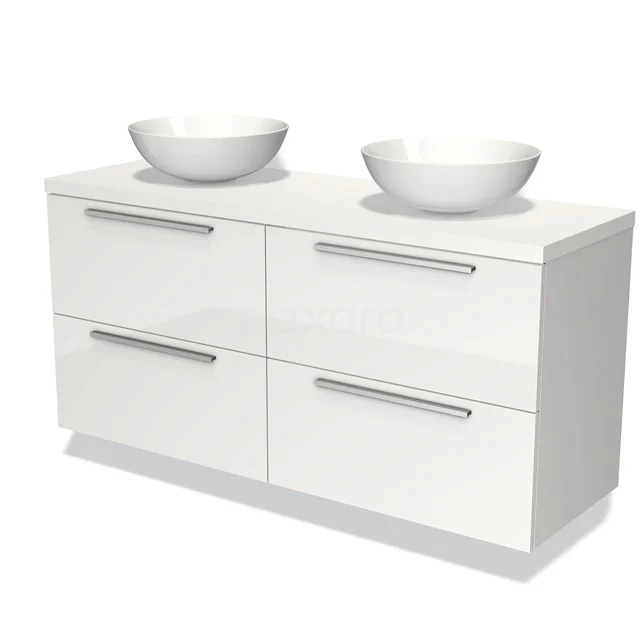 Badmöbel für Waschtischunterschrank mit Konsole 140cm Modulo Plato Hochglanz Weiß 4 Schubladen Flach Matt Weiß Platte BMK18-00614 Weißes Badezimmermöbel mit doppeltem Aufsatzwaschbecken, vier Schubladen und schlichten Haltegriffen; moderne Aufbewahrungslösung für das Badezimmer.