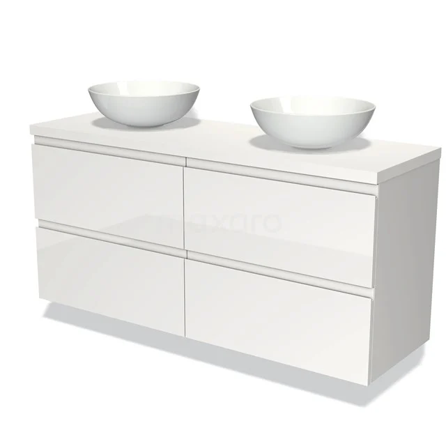 Badmöbel für Waschtischunterschrank mit Konsole 140cm Modulo Plato Hochglanz Weiß 4 Schubladen Grifflos Matt Weiß Platte BMK18-00616 Weißes Badezimmermöbel mit zwei keramischen Aufsatzwaschbecken, vier Schubladen und einer modernen Hochglanzoberfläche.