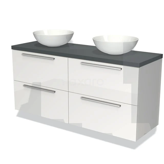 Wit badkamermeubel met dubbele wastafel, donkere bovenblad en chromen handgrepen, modern design voor stijlvolle badkamers.
