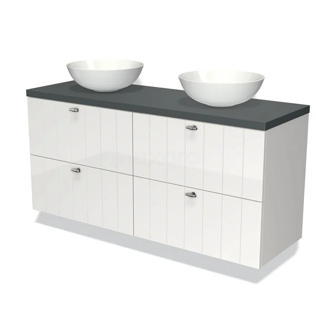 Weiße doppelte Badmöbel mit schwarzer Holzplatte, vier Schubladen und zwei keramischen Aufsatzwaschbecken, modernes und stilvolles Design.