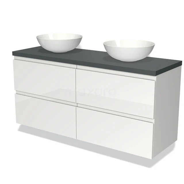 Witte badkamermeubel met vier lades, zwarte stenen blad en twee ronde witte waskommen. Modern design voor stijlvolle badkamers.