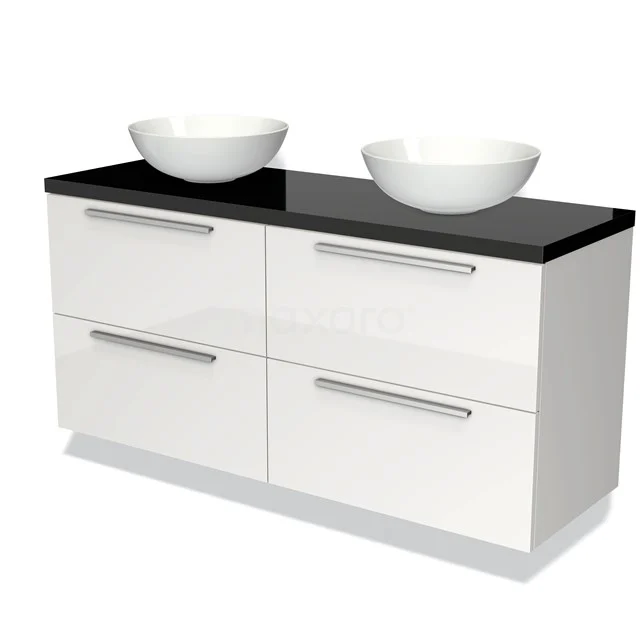 Witte badkamerkast met zwart blad, dubbele waskommen, modern design, vier lades met metalen handgrepen.