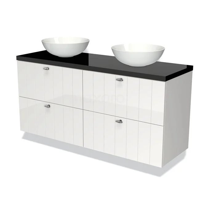 Weißes Doppelwaschbeckenmöbel mit keramischen Aufsatzwaschbecken, schwarzer Platte und modernen Linien, ideal für ein stilvolles Badezimmer.