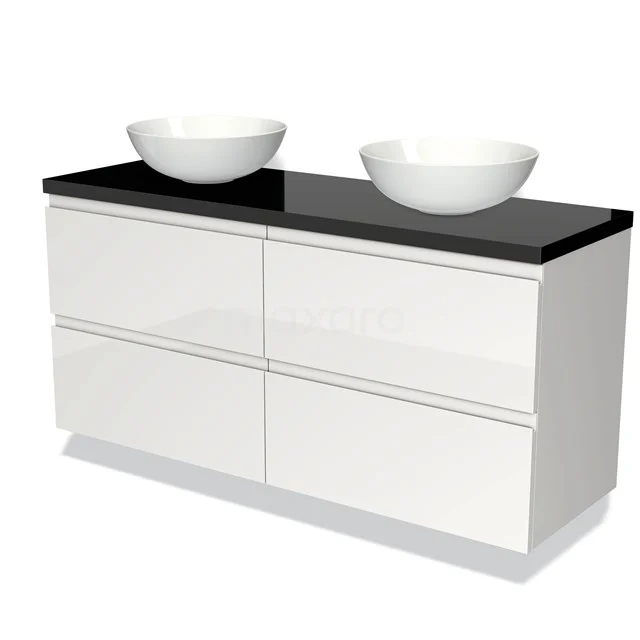 Witte badkamermeubelset met zwart glazen blad en twee ronde wastafels, strakke vormgeving en moderne uitstraling.