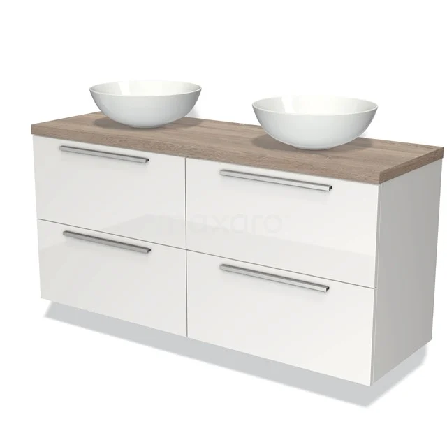 Weißes Badezimmermöbel mit Holzplatte, doppelten Aufsatzwaschbecken und vier Schubladen; modernes Design für zeitgemäße Badezimmergestaltung.