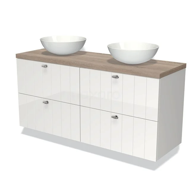 Modulo Plato Vanity units for countertop basin | 140 cm High-gloss white Slat front Oak worktop 4 drawers BMK18-00624 White bathroom unit with wood-look worktop, double basins and four handleless drawers for a modern and practical bathroom style.