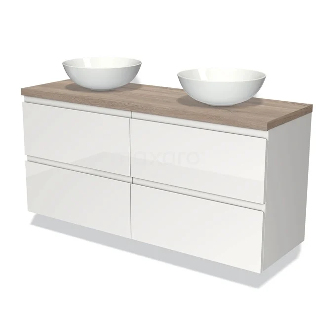 Weißes Badezimmermöbel mit Holzplatte und doppeltem Aufsatzwaschbecken, schickes Design, perfekt für einen modernen Badezimmerstil.