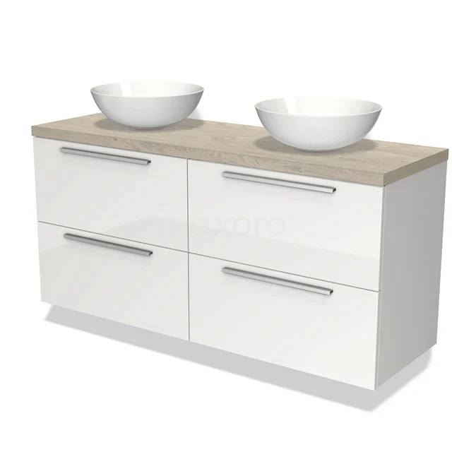 Weißes Badezimmermöbel mit zwei Aufsatzwaschbecken, Holzplatte und vier Schubladen, modernes Design für stilvolle Badezimmergestaltung.