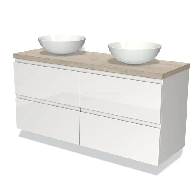 Badmöbel für Aufsatzwaschbecken 140cm Modulo Plato Hochglanz Weiß 4 Schubladen Grifflos Hellgraue Eiche Platte BMK18-00628 Weiße Badmöbel mit vier Schubladen, Holzplatte und zwei modernen runden Aufsatzwaschbecken, ideal für ein stilvolles Badezimmer.