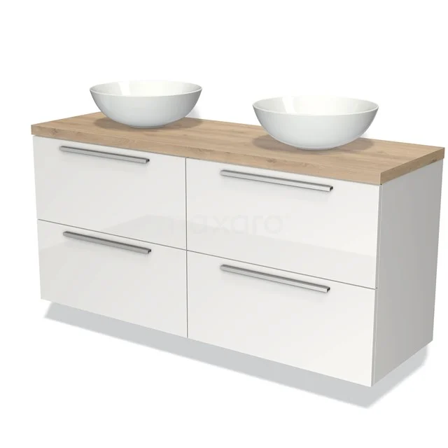 Waschtischunterschrank mit Konsole 140cm Modulo Plato Hochglanz Weiß 4 Schubladen Flach Hellbraune Eiche Platte BMK18-00629 Modernes Badmöbel-Duo mit weißen Schubladen, Holzplatte und doppelten runden Waschbecken, ideal für stilvolle Badezimmerlagerung.