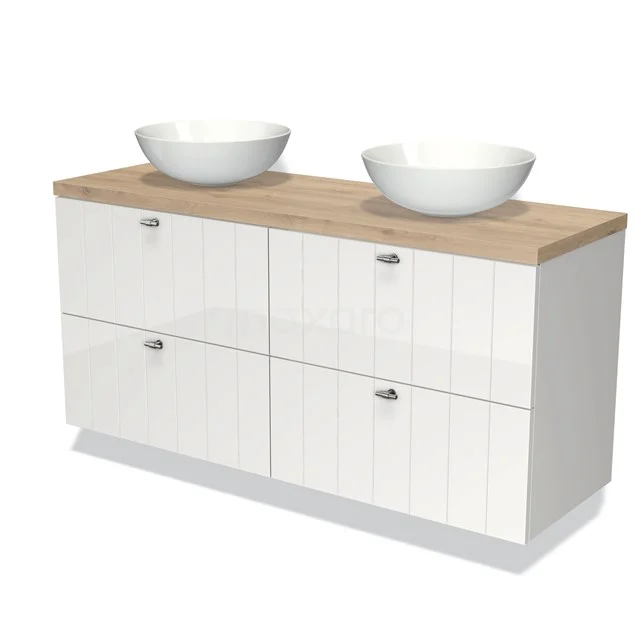 White bathroom unit with wood-look worktop, double basin and four drawers, ideal for modern bathroom storage.