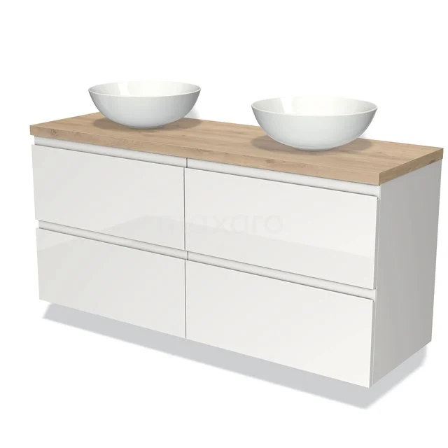 Badmöbel für Aufsatzwaschbecken 140cm Modulo Plato Hochglanz Weiß 4 Schubladen Grifflos Hellbraune Eiche Platte BMK18-00631 Weißes Doppelwaschbeckenmöbel, Holzlook Platte, vier Schubladen, modernes Design, ideal für eine stilvolle Badezimmergestaltung.