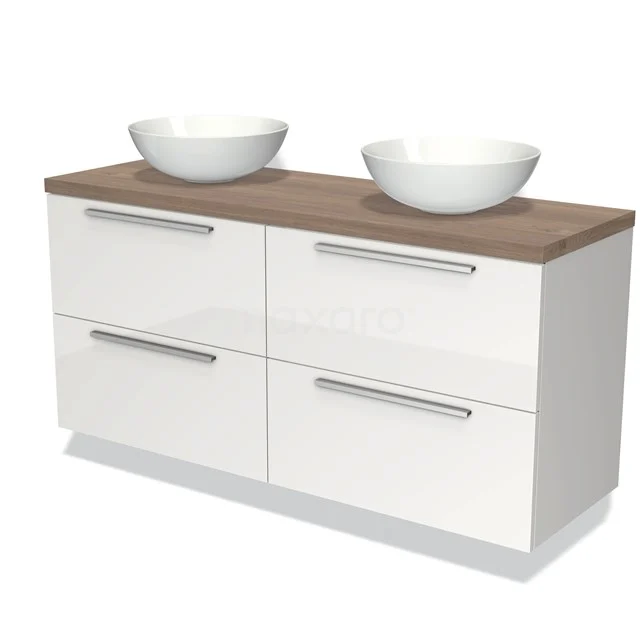 Witte dubbele wastafelmeubel met houten blad, moderne stijl en vier lades, ideaal voor badkameropslag.