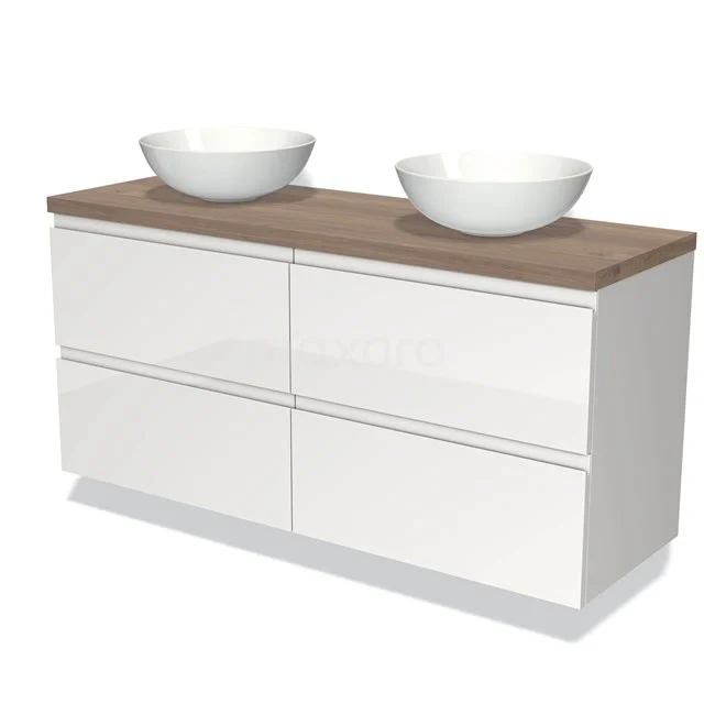 Weißes Badezimmermöbel mit Holzlook Platte, Doppel Aufsatzwaschbecken-Design und straffer minimalistischer Ausstrahlung, ideal für moderne Bäder.