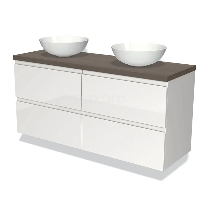 Badmöbel für Aufsatzwaschbecken 140cm Modulo Plato Hochglanz Weiß 4 Schubladen Grifflos dunkelbraune Eiche Platte BMK18-00637 Weißes Badmöbel mit vier Schubladen, Holzplatte und zwei runden Waschbecken; modernes Design für ein stilvolles Badezimmer.