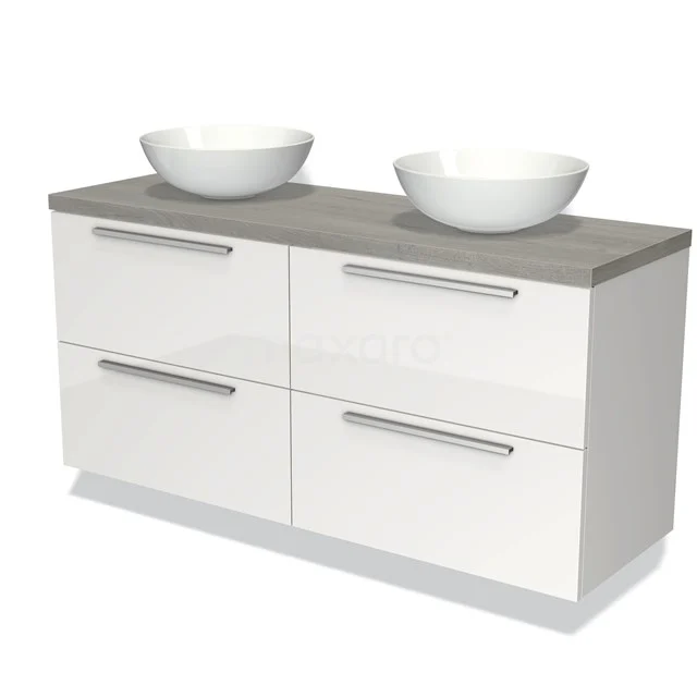 White bathroom cabinet with double countertop wash basins, grey wooden worktop, 4 drawers and modern handles, ideal for stylish bathrooms.
