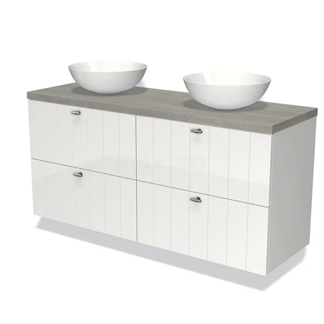 White bathroom unit with grey wooden worktop, double basin and four drawers, ideal for a stylish bathroom storage solution.