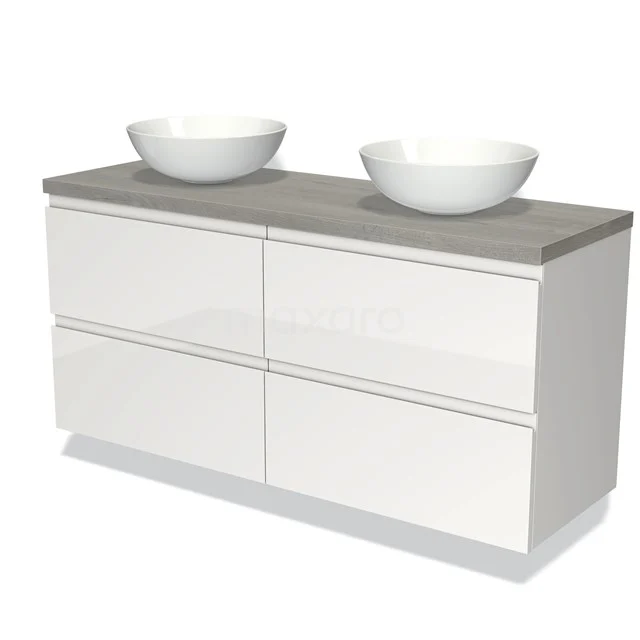 Waschtischunterschrank mit Konsole 140cm Modulo Plato Hochglanz Weiß 4 Schubladen Grifflos Graue Eiche Platte BMK18-00640 Doppeltes weißes Waschtisch mit grauer Platte, zwei keramischen Schalen, modernes Design, perfekt für ein stilvolles Badezimmer.
