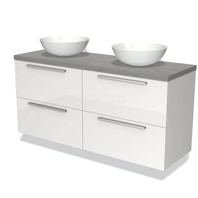 Badmöbel für Waschtischunterschrank mit Konsole 140cm Modulo Plato Hochglanz Weiß 4 Schubladen Flach Hellgrauer Beton Platte BMK18-00641 Weißes Badezimmermöbel mit Doppelwaschbecken, grauer Oberplatte, modernen Haltegriffen und geräumigen Schubladen, ideal für stilvolle Bäder.