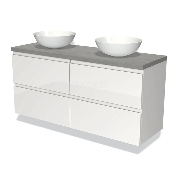 Weißes Badmöbel mit 4 Schubladen, grauer Steinplatte und 2 runden Aufsatz-Waschbecken; modernes Design für stilvolle Bäder.