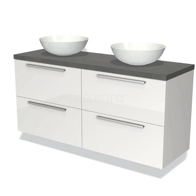 Weißes Badezimmermöbel mit zwei keramischen Aufsatzwaschbecken, grauer Platte und schlichten Schubladen, ideal für ein modernes Badezimmer.