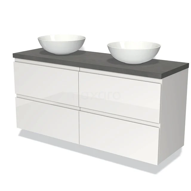 Weißes Badezimmermöbel mit zwei runden Aufsatzwaschbecken, breiten Schubladen und Dunkelgrau Platte für einen modernen Badezimmerstil.