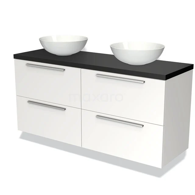 Weißes Badezimmermöbel mit schwarzer Platte, doppelten Aufsatzwaschbecken und vier Schubladen, modernes Design für ein stilvolles Badezimmer.
