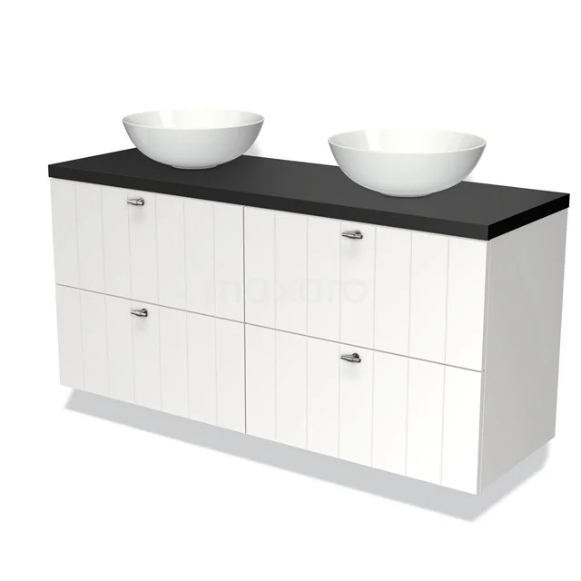 Weiße Doppelwaschbeckenmöbel mit schwarzer Platte, keramischen Aufsatzwaschbecken und modernen Griffen, ideal für Badezimmerlagerung.