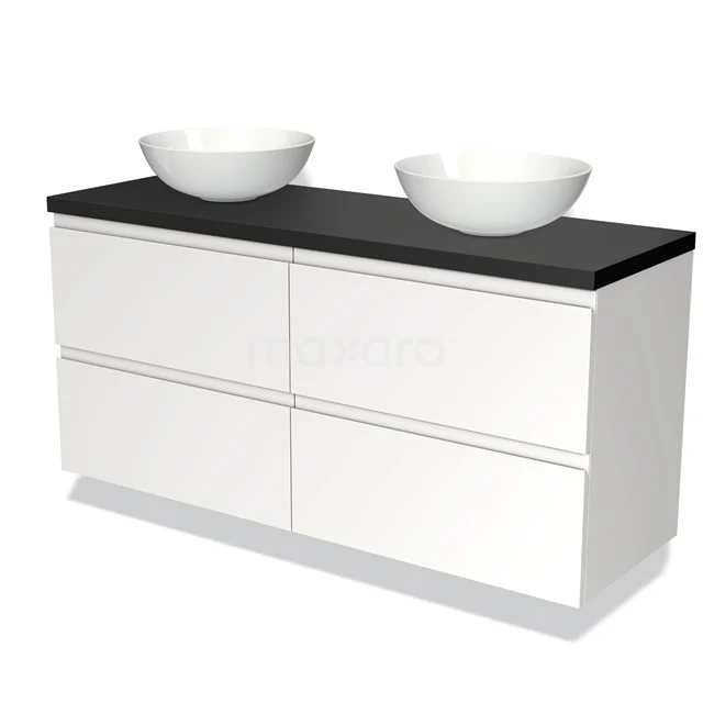 Witte dubbele wastafelmeubel met zwarte top, keramische ronde waskommen en laden, perfect voor moderne badkamerinrichting.