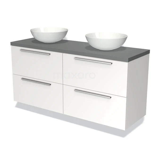 Witte dubbele wastafelonderkast met vier lades, grijs werkblad en ronde keramische waskommen, perfect voor moderne badkamers.