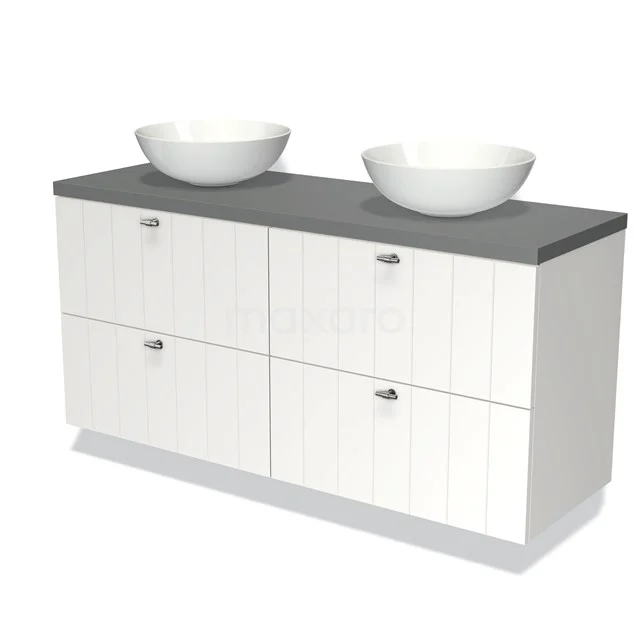 White wooden Bathroom unit with four drawers, grey stone worktop and two round countertop wash basins, ideal for modern bathrooms.