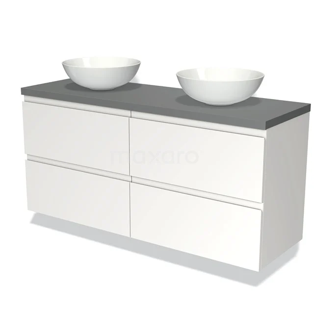 Badmöbel für Aufsatzwaschbecken 140cm Modulo Plato Matt Weiß 4 Schubladen Grifflos Mittelgrau Platte BMK18-00652 Weiße Badmöbel mit doppelter Waschtischplatte, graue Steinoptik, ausgestattet mit 4 geräumigen Schubladen für stilvollen Stauraum.